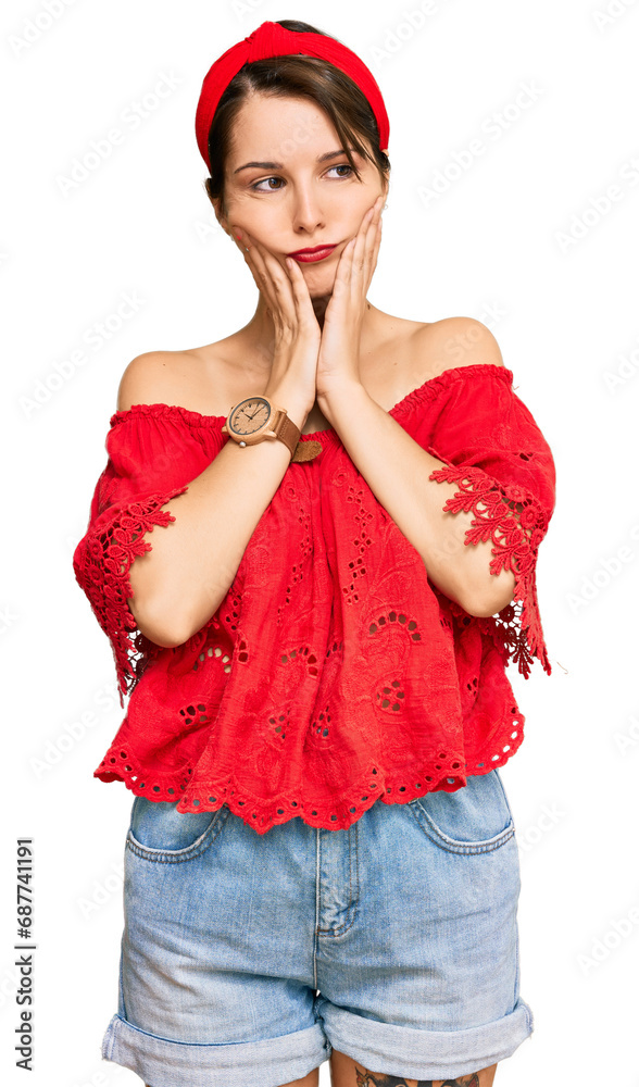Young brunette woman with short hair wearing casual summer clothes and diadem tired hands covering face, depression and sadness, upset and irritated for problem Young brunette woman with short hair wearing casual summer clothes and diadem tired hands covering face, depression and sadness, upset and irritated for problem