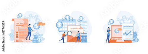 Tax return Tax inspector concept, background of financial document. Tax Return set flat vector modern illustration 