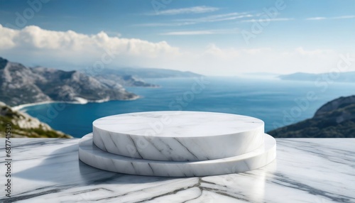 White podium made of marble, with sea view in the background. Generative AI