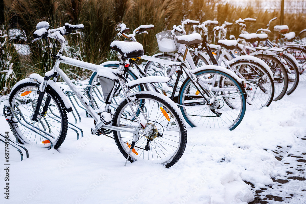 A row of snow-covered bicycles parked in a winter landscape A row of snow-covered bicycles parked in a winter landscape