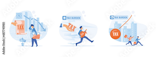 Tax burden or debt to pay for income tax. Businessman running away from tax for tax. tax burden concept. Tax burden set flat vector modern illustration flat vector modern illustration