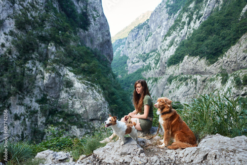 Woman and dogs enjoying a serene mountain vista. A tranquil moment as the lady sits with a Jack Russell Terrier and a Nova Scotia Duck Tolling Retriever on a rocky outcrop, overlooking a lush gorge © annaav