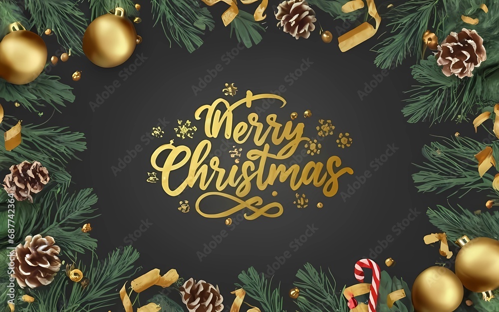 Greeting card, Merry Christmas, illustration, Fancy golden and black christmas background with ornaments. Greeting card mockup, ai christmas card, merry xmas card, ai xmas, abstract card
