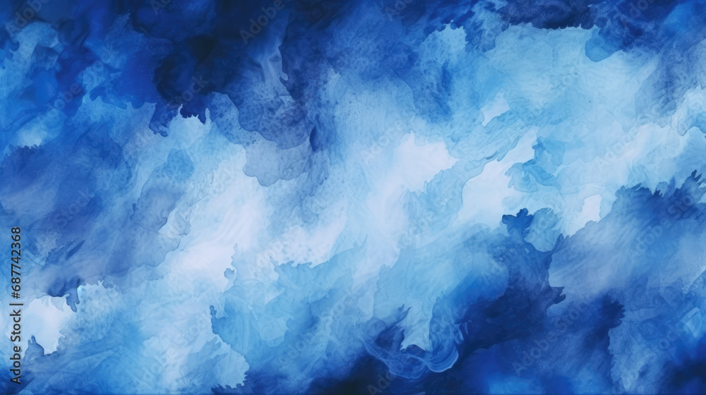 Chaotic brush strokes in black and navy blue create an abstract watercolor background, resembling a dramatic, stormy sky with clouds.