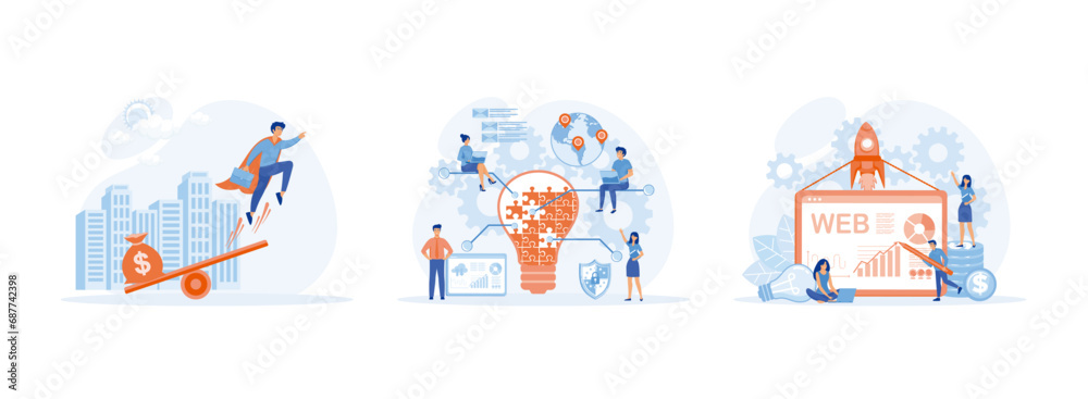 Naklejka premium Business startup concept. Rise of the career to success. business project startup. Business startup set flat vector modern illustration