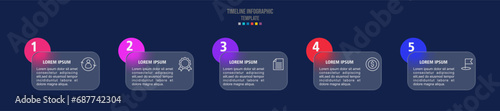 Business timeline chart template. Infographic 5 steps. Glass morphism effect. Vector illustration