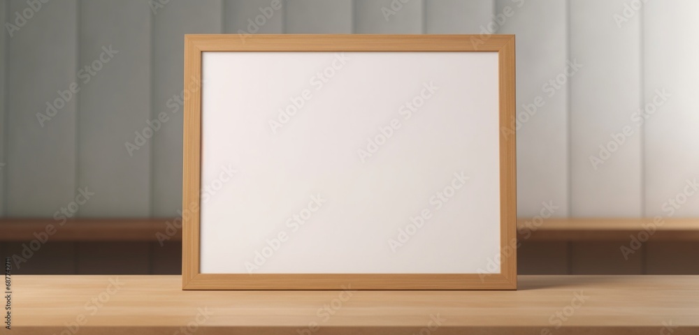 the minimalist beauty of an empty mockup, highlighting a wooden frame with a modern digital art concept. the minimalist beauty of an empty mockup, highlighting a wooden frame with a modern digital art concept.