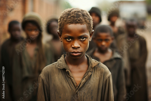 Crowd of little poor african boys in a local village of Africa - Generative AI photo