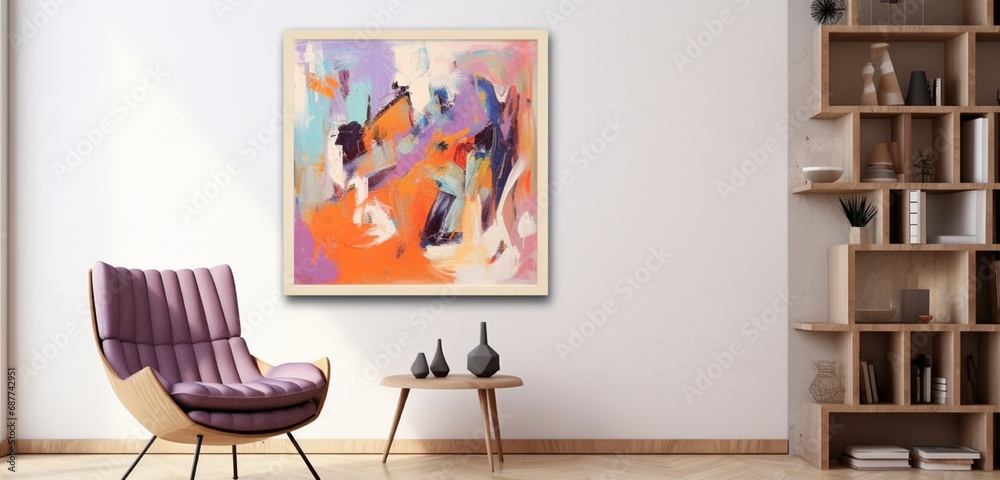 A vibrant abstract painting within a wooden frame adorns a beige wall. The canvas is empty, waiting for inspiration. A vibrant abstract painting within a wooden frame adorns a beige wall. The canvas is empty, waiting for inspiration.