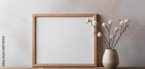 A subtle wooden frame showcasing an empty canvas against a neutral background 