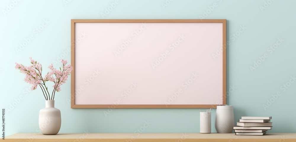 A wooden frame with a blank canvas creates a serene atmosphere against a soft pastel wall, as captured by a camera. 