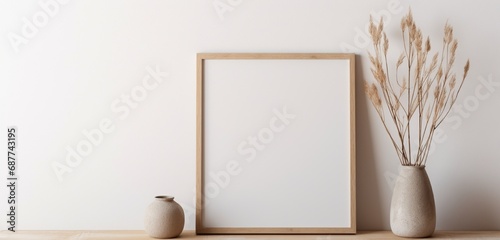 A wooden frame with an empty canvas is photographed by a camera, creating a tranquil ambiance against a neutral backdrop. The empty mockup sets a serene atmosphere, inviting peaceful contemplation.