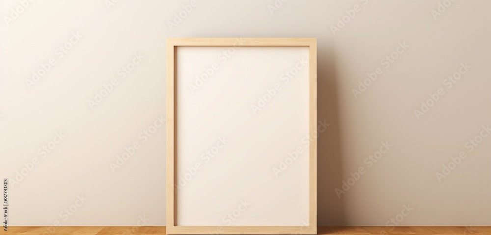 Abstract digital art displayed in an empty wooden frame against a beige background. Minimalist and artistic mockup. Empty mockup. Abstract digital art displayed in an empty wooden frame against a beige background. Minimalist and artistic mockup. Empty mockup.