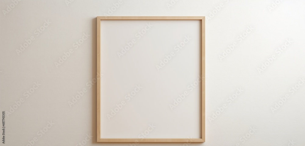 Abstract digital art displayed in an empty wooden frame against a beige background. Minimalist and artistic mockup. Empty mockup. Abstract digital art displayed in an empty wooden frame against a beige background. Minimalist and artistic mockup. Empty mockup.