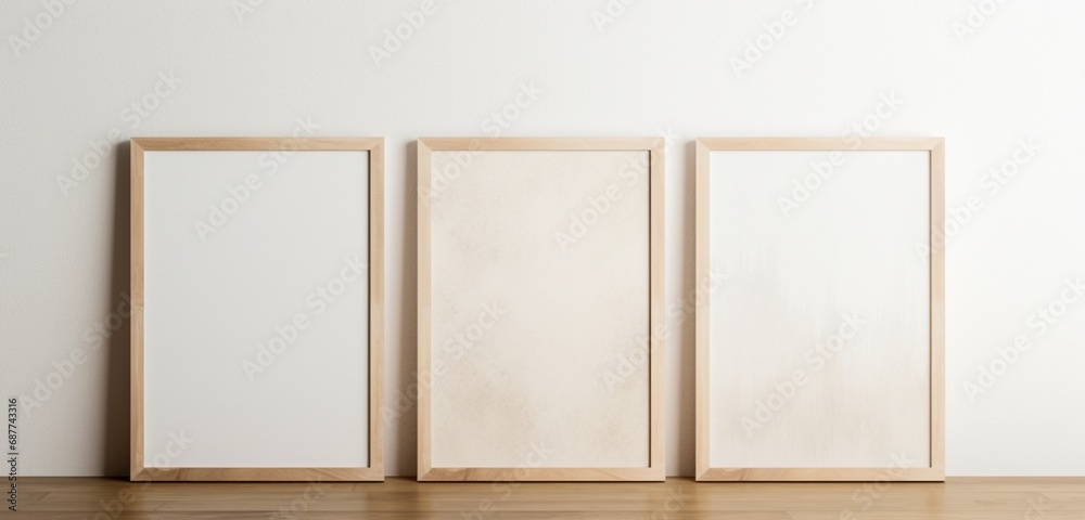 Abstract digital art displayed in an empty wooden frame against a beige background. Minimalist and artistic mockup. Empty mockup. Abstract digital art displayed in an empty wooden frame against a beige background. Minimalist and artistic mockup. Empty mockup.