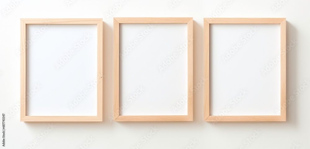 Obraz premium An empty mockup of a wooden frame with a minimalist design is captured against a soft, neutral background. The camera lens emphasizes simplicity and elegance.