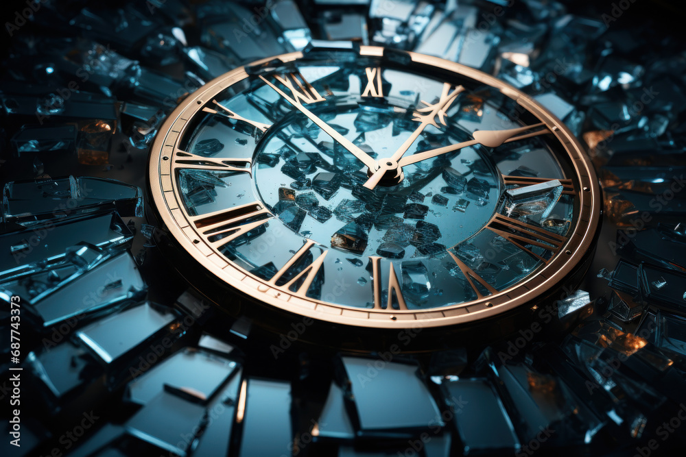 Fototapeta premium A clock made of shattered mirrors reflecting fragmented images, illustrating the multifaceted aspects of time. Concept of fractured temporality. Generative Ai.