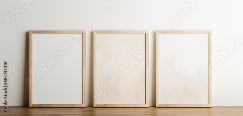 Abstract digital art displayed in an empty wooden frame against a beige background. Minimalist and artistic mockup. Empty mockup.