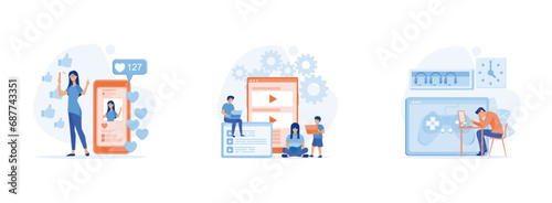 Digital overload concept, Likes and screen addiction, social media, gaming disorder,  mental health problem. Digital overload set  flat vector modern illustration