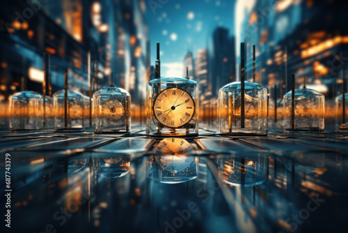 A series of transparent clocks overlaid on an abstract cityscape, portraying the urban rhythm intertwined with the ticking of time. Concept of temporal urbanism. Generative Ai. photo