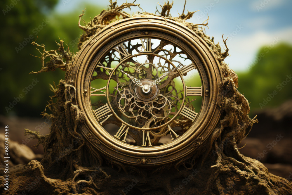 A clock face made of intertwined roots and branches, illustrating the deep-rooted connection of time with nature and growth. Concept of temporal ecology. Generative Ai.