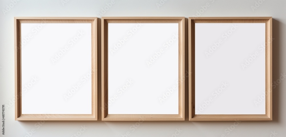Blank wooden frame casting a shadow on a neutral wall, creating a versatile space for creative inspiration and visual storytelling. Empty mockup.