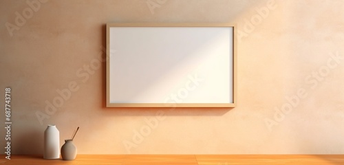 Blank wooden frame casting a shadow on a soft pastel wall, offering a canvas for creative inspiration.