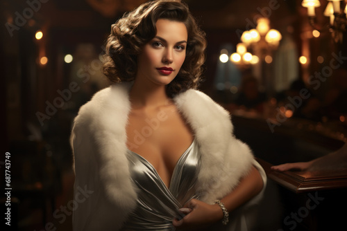 A sophisticated vintage woman in a fur stole and an evening gown, ready for a glamorous night out in the 1940s. Generative Ai. © Sebastian