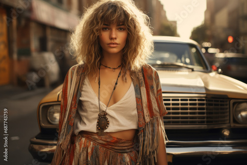 A bohemian vintage woman in a maxi skirt and a fringe vest, embracing the counterculture of the 1960s. Generative Ai.