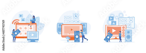 Modern television technology. Smart TV box. Smart tv technology.  Smart TV set flat vector modern illustration 
