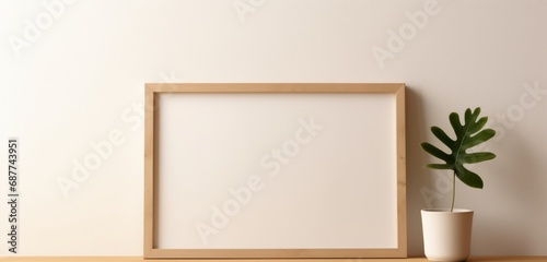 Blank wooden frame on a beige wall, capturing the essence of contemporary artistry and simplicity. Empty mockup.