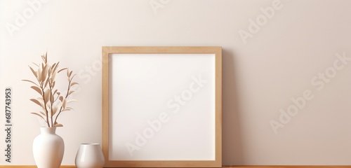 Blank wooden frame on a beige wall, capturing the essence of contemporary artistry and simplicity. Empty mockup.