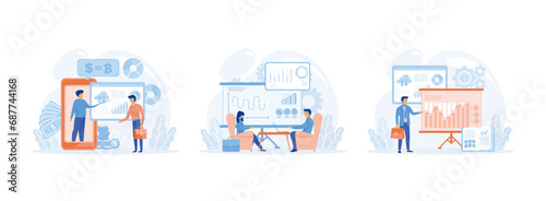 Online Financial Consultation. Businessman helping colleague at business meeting. training. Financial Consultation set flat vector modern illustration 
