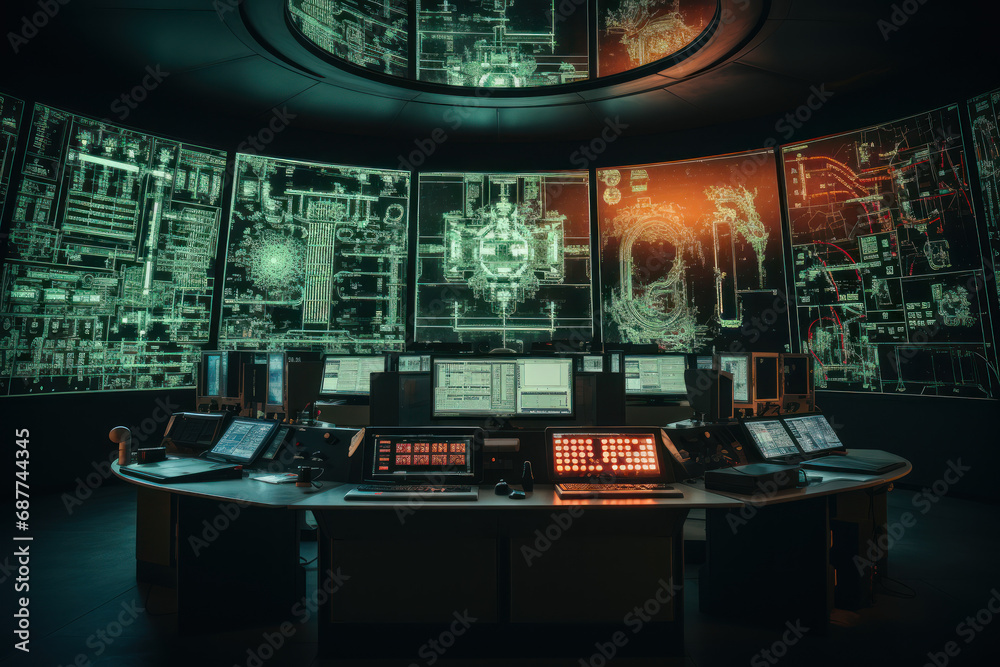 A control room with operators monitoring the intricate systems of a nuclear facility, ensuring precision and safety in power generation. Concept of nuclear energy management. Generative Ai. - obrazy, fototapety, plakaty 