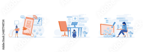 Information overload. Stressed person in info flood.  Girl protecting themselves from flow of information and news turning off smart phone. Information overload se flat vector modern illustration photo