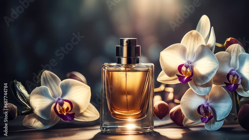 Perfume bottle and orchid fresh flowers on blurred grey bokeh background.Elite perfumery concept. Mockup for advertising and design. Generative AI.