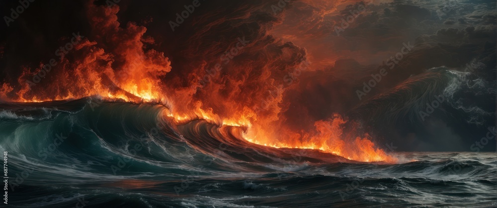 The ocean waves raged and fires blazed on the surface of the water.