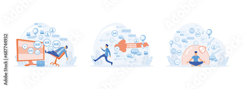 Input overloading.  Young man running away from information stream. Information overload. Information overload set flat vector modern illustration 