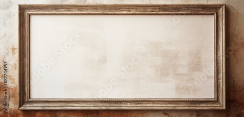 Empty mockup of a weathered wooden frame on a beige wall, providing a timeless canvas for creative exploration and expression.