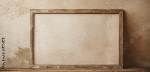 Empty mockup of a weathered wooden frame against a beige background, evoking a sense of vintage charm.