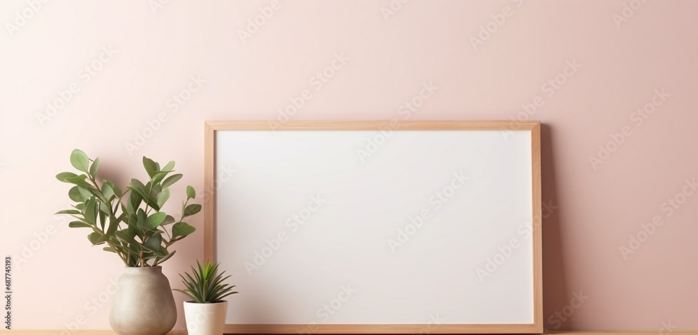 Empty mockup of a wooden frame against a soft gradient wall, creating an inviting canvas for imaginative artwork. Empty mockup of a wooden frame against a soft gradient wall, creating an inviting canvas for imaginative artwork.