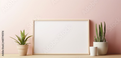 Empty mockup of a wooden frame against a soft gradient wall, creating an inviting canvas for imaginative artwork.