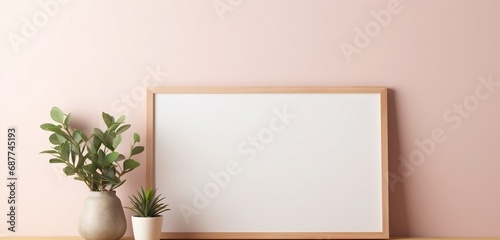 Empty mockup of a wooden frame against a soft gradient wall, creating an inviting canvas for imaginative artwork.