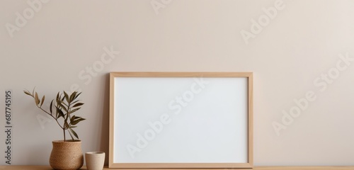 Empty mockup of a wooden frame against a soft gradient wall, creating an inviting canvas for imaginative artwork.