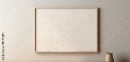 Minimalist wooden frame on a beige wall, offering a blank canvas as a versatile platform for creative endeavors. Empty mockup.