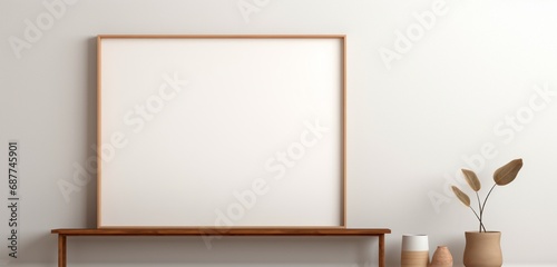  a subtle wooden frame showcasing an empty canvas against a neutral background is observed. The minimalist art mockup radiates a sense of calm and artistic refinement. photo