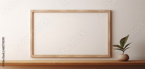 an empty mockup of a wooden frame with a subtle abstract design on a beige wall unfolds. The scene radiates a sense of artistic sophistication  providing an open space for imaginative artwork.