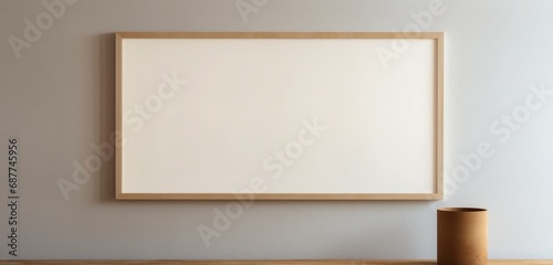 Through the lens of a camera, a simple wooden frame with an empty canvas is observed, suspended on a beige wall. The empty mockup evokes a blend of simplicity and creative possibility.