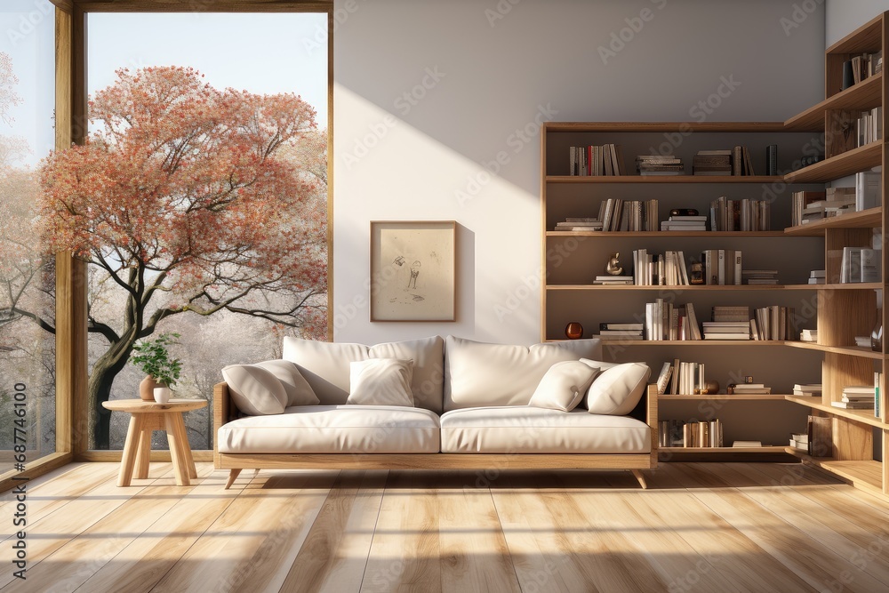 modern living room with large windows flooded with daylight in warm pastel colors modern living room with large windows flooded with daylight in warm pastel colors