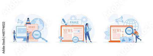 Fake news or fact scanning with magnifying glass, Fake news online vector or false information spreading on website and social media. Fake news 1 set flat vector modern illustration